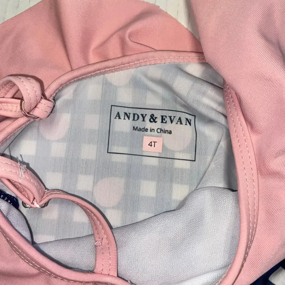 Andy & Evan Blue White Plaid Pink Ruffled One Piece Swim Bathing Suit Size 4T